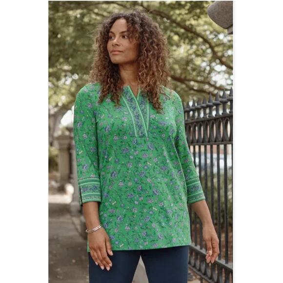 J. Jill Wearever Green Paisley Floral Split-Neck Tunic Top Size S - Picture 1 of 12